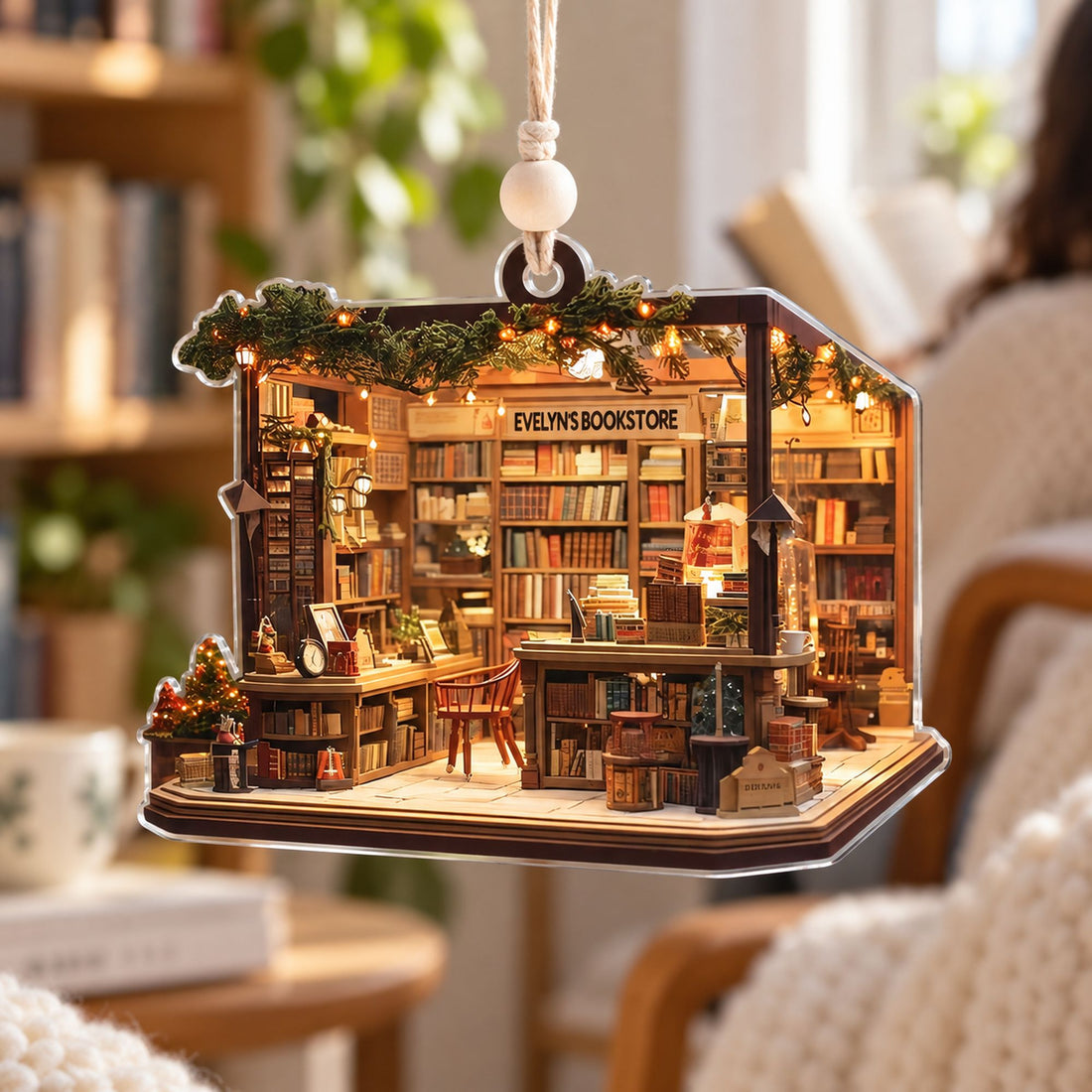Close-up detail of personalized bookstore flat acrylic ornament print and edge