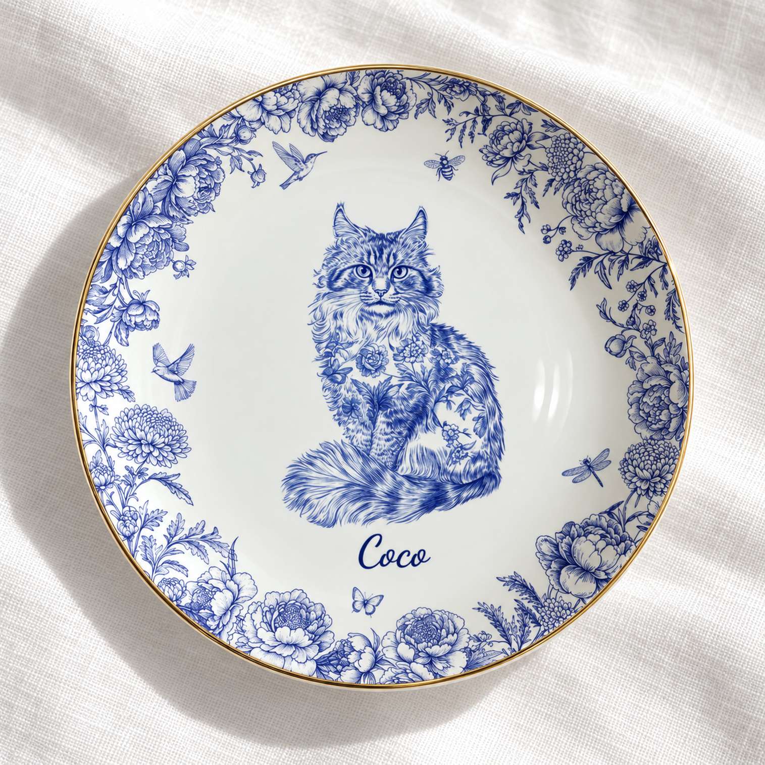 Close-up detail of blue chinoiserie cat portrait and gold rim on jewelry dish