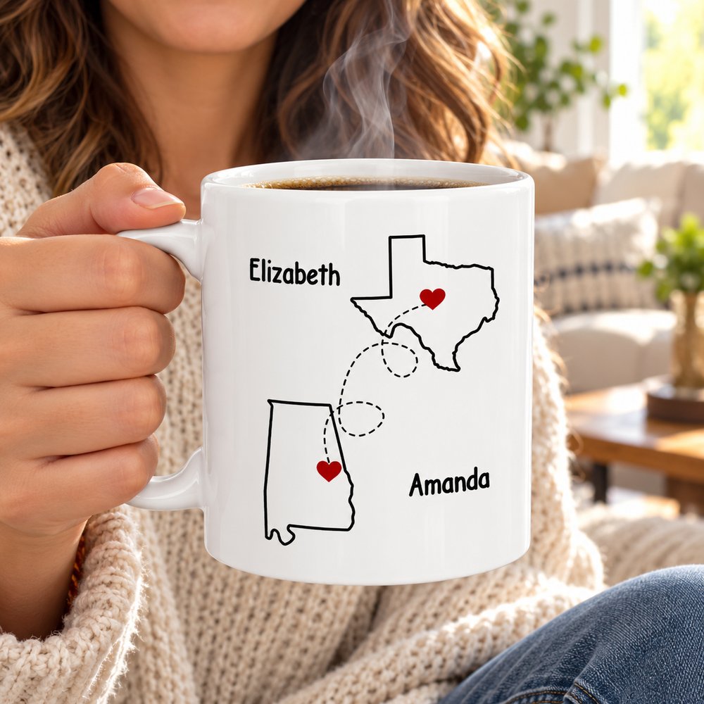 Woman holding personalized long distance bestie ceramic mug with state outlines and steam