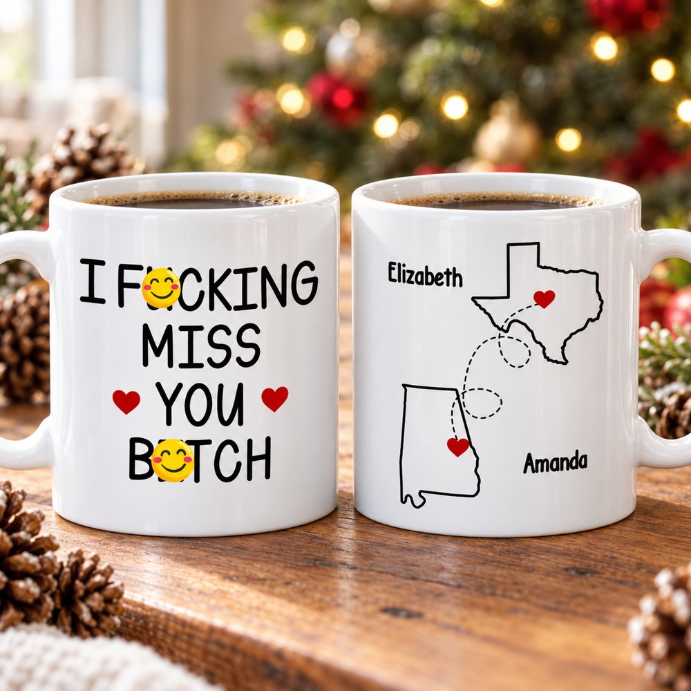 Personalized best friends state map mug on holiday table near Christmas tree