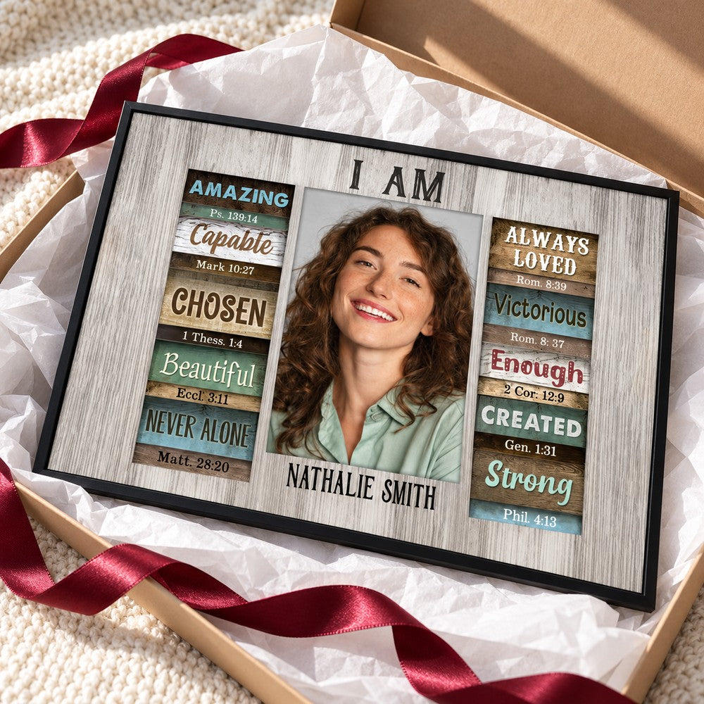 Personalized Christian I Am poster with photo presented with gift box and ribbon