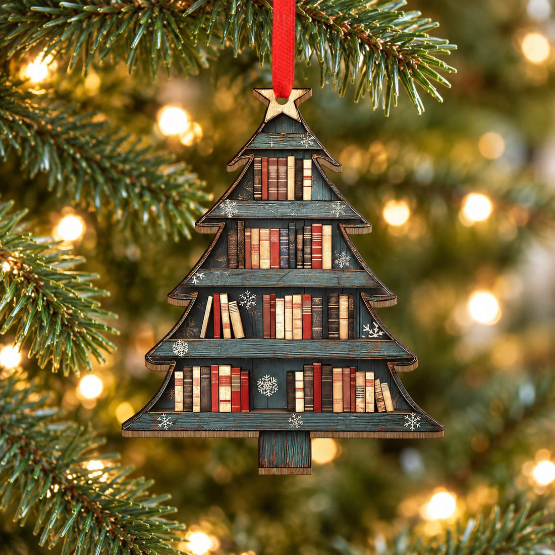 Christmas Book Tree wood ornament hanging on a pine branch with warm fairy lights