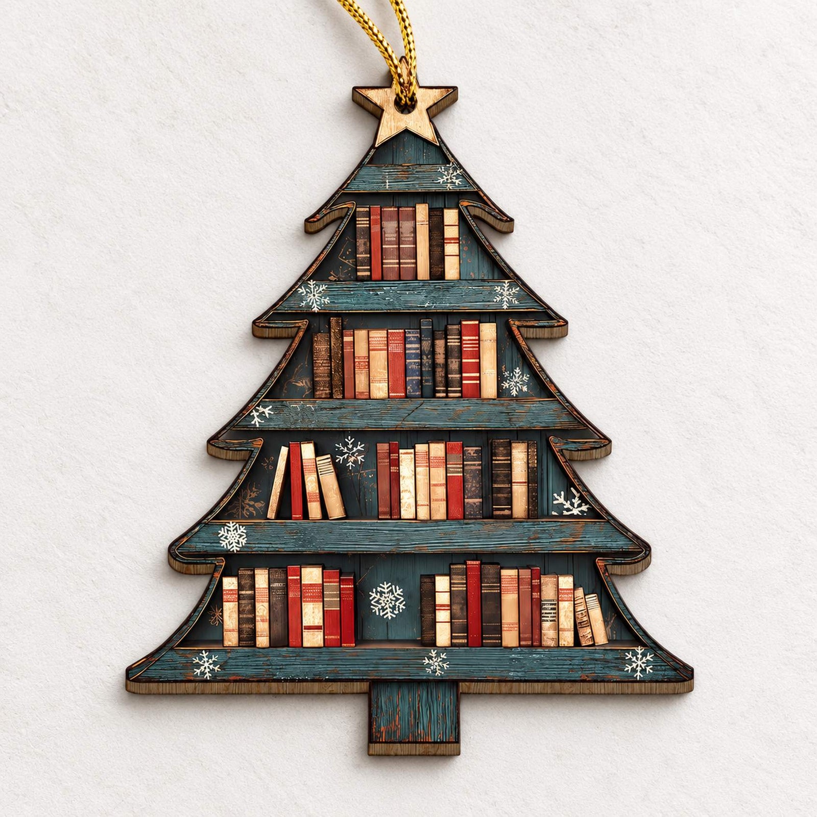 Macro close-up of Christmas Book Tree wood ornament showing printed books and laser-cut edge