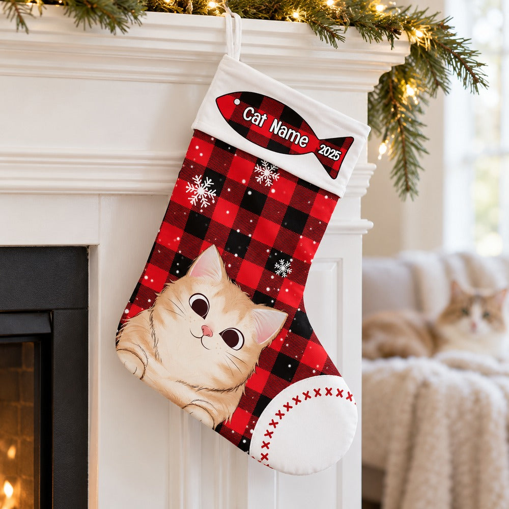 Personalized red plaid cat Christmas stocking hanging on a festive fireplace mantel