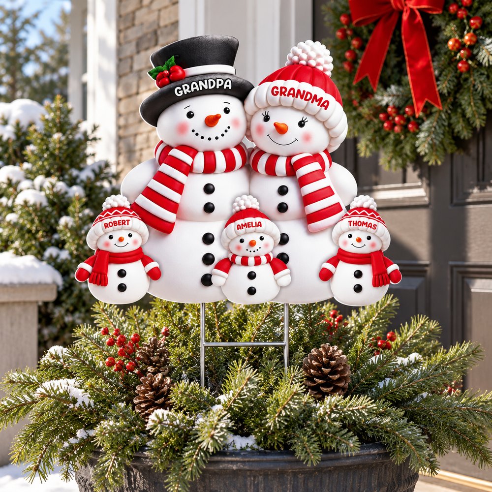 Personalized snowman grandparents yard sign staked in a Christmas porch planter with evergreen branches