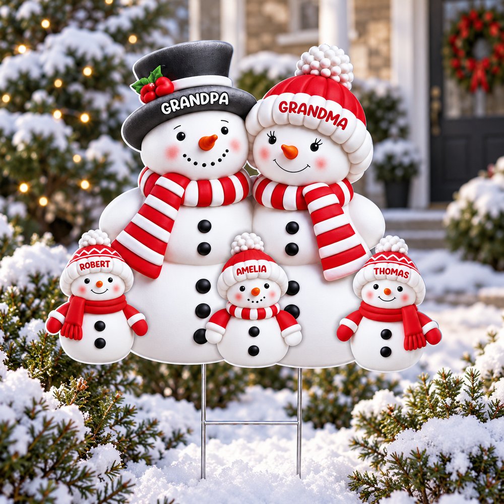 Close-up detail of personalized snowman yard sign print quality and custom die-cut edges