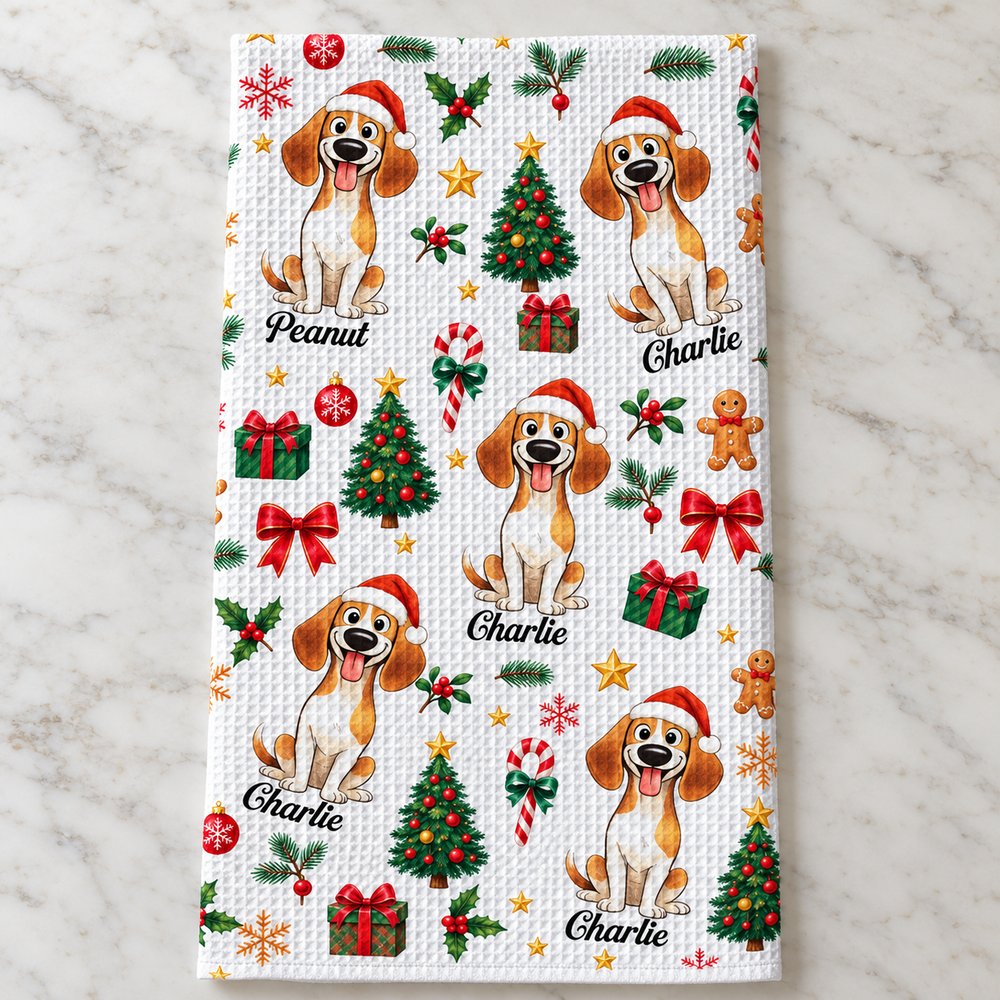 Macro closeup of waffle weave texture and print detail on personalized Christmas dog kitchen towel