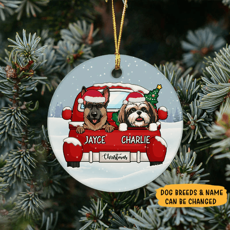 Christmas Dogs Personalized Ornament - Circle Ceramic Ornament - Chirstmas Gift for Dog Mom, Dog Dad, Dog Lovers, Pet Gifts for Him, Her - Suzitee Store