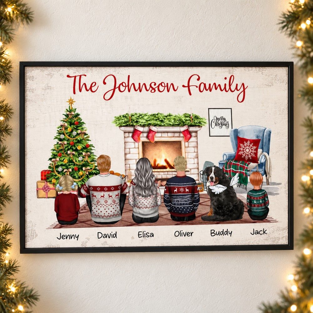 Personalized Christmas family poster hanging on wall with pine garland and fairy lights