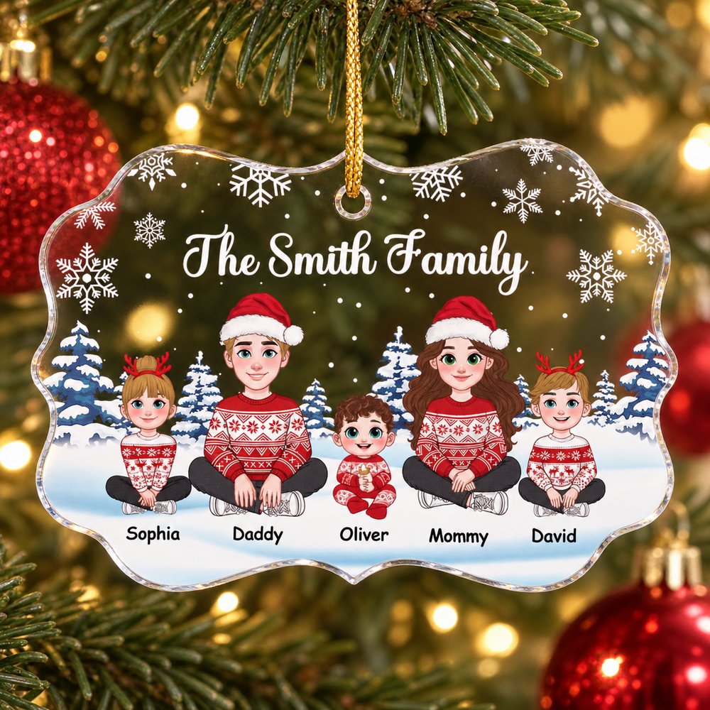 Personalized medallion acrylic family Christmas ornament hanging on a Christmas tree branch