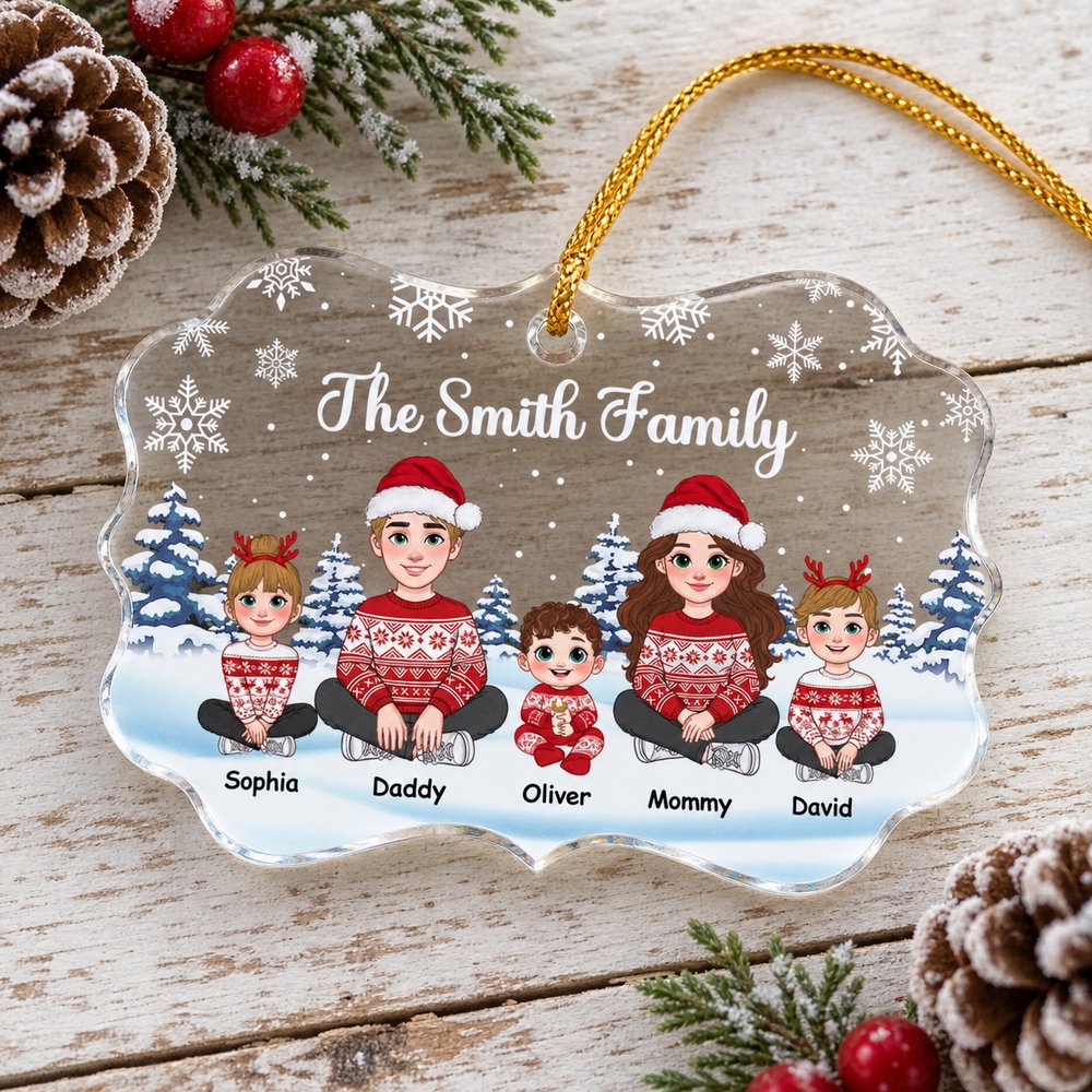 Christmas family medallion acrylic ornament styled flat with pine cones and winter greenery