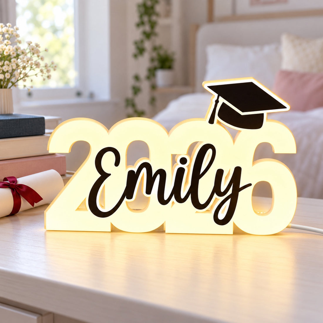 Class of 2026 custom shape acrylic light box glowing on a graduate bedroom desk next to a diploma