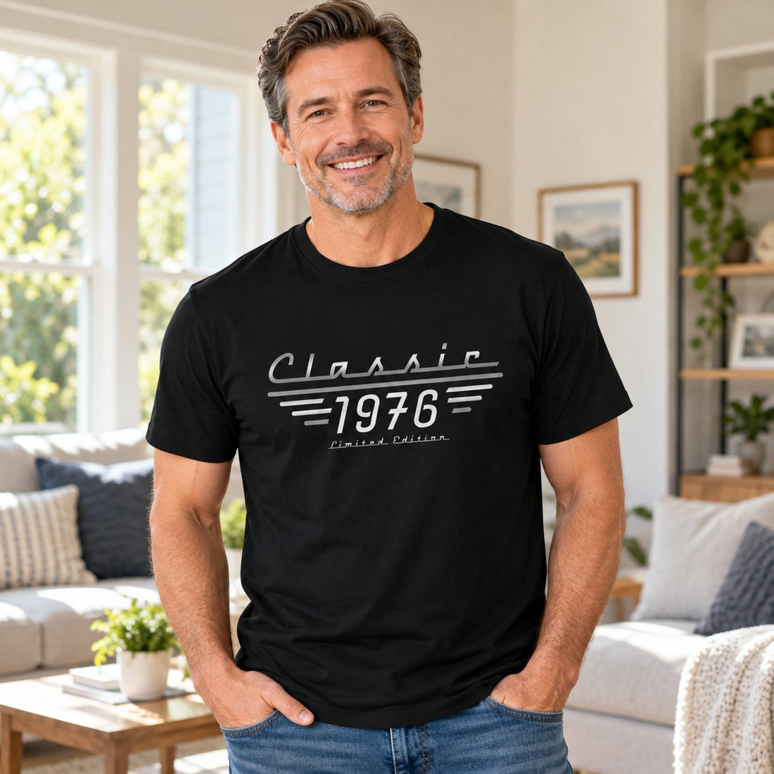 Dad wearing Classic 1976 Limited Edition personalized black t-shirt in a bright living room