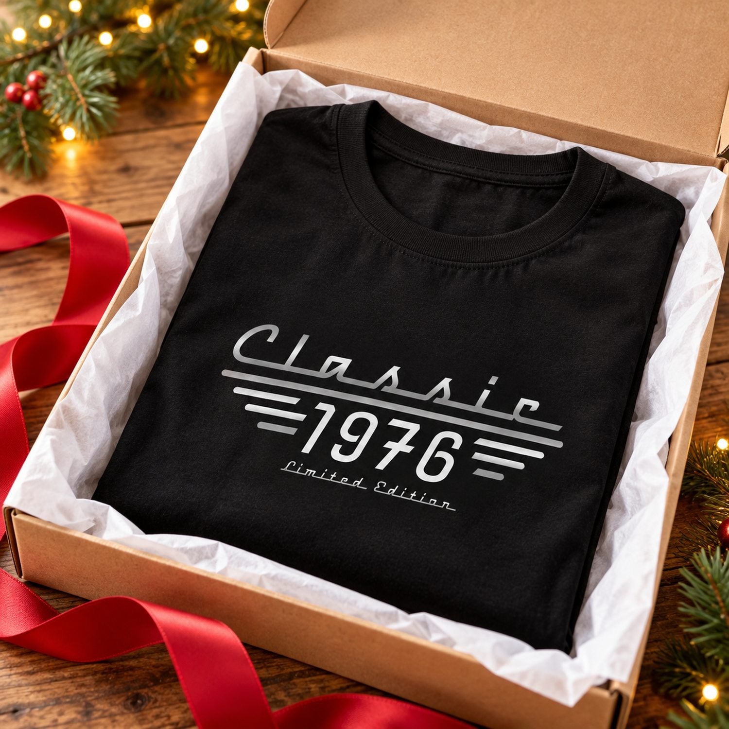Classic 1976 Limited Edition t-shirt folded in a holiday gift box with ribbon
