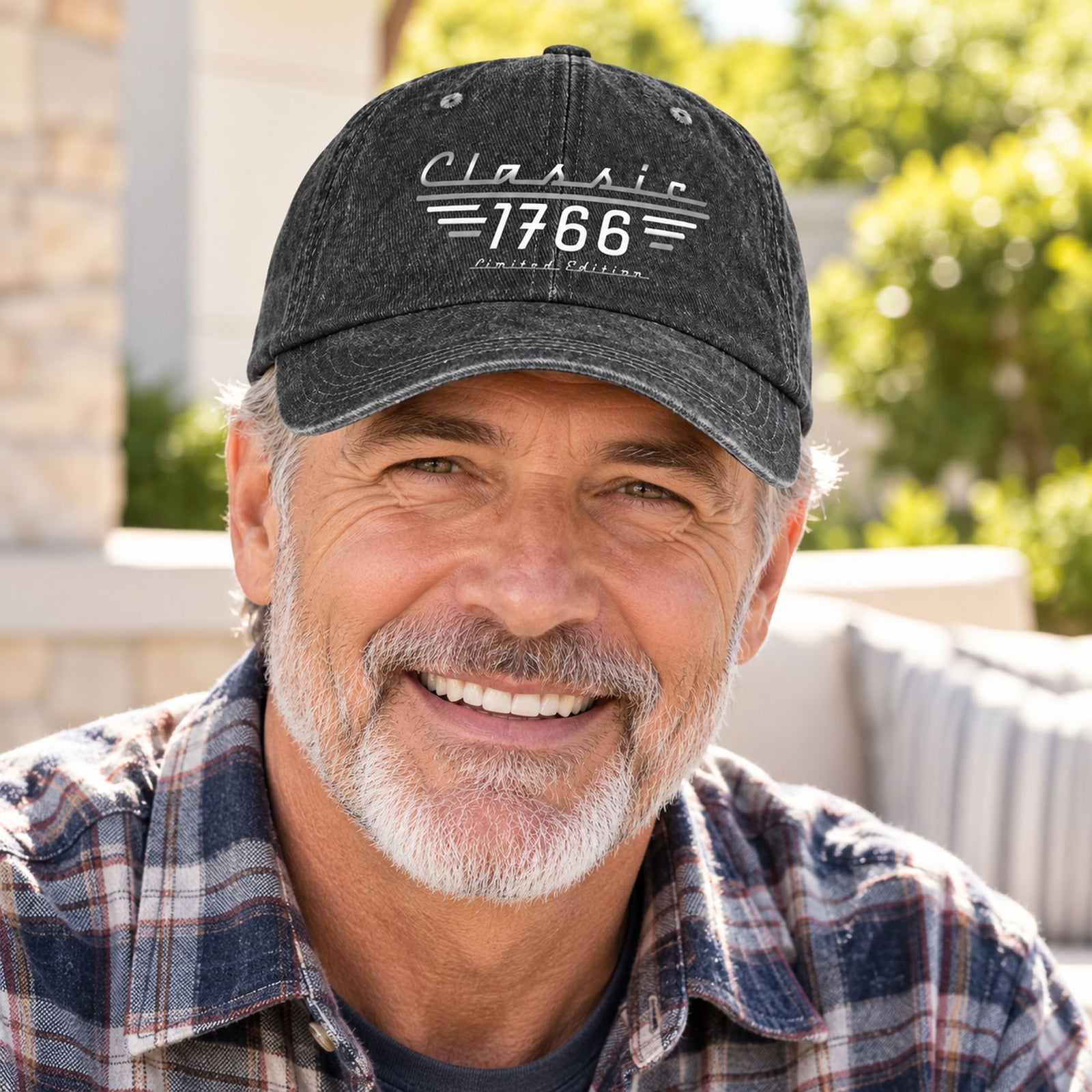 Dad wearing Classic 1766 Limited Edition washed black denim cap outdoors