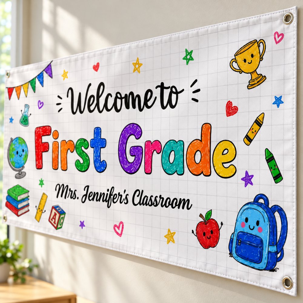 Close-up detail of polyester classroom banner fabric texture, stitched hem and metal grommet