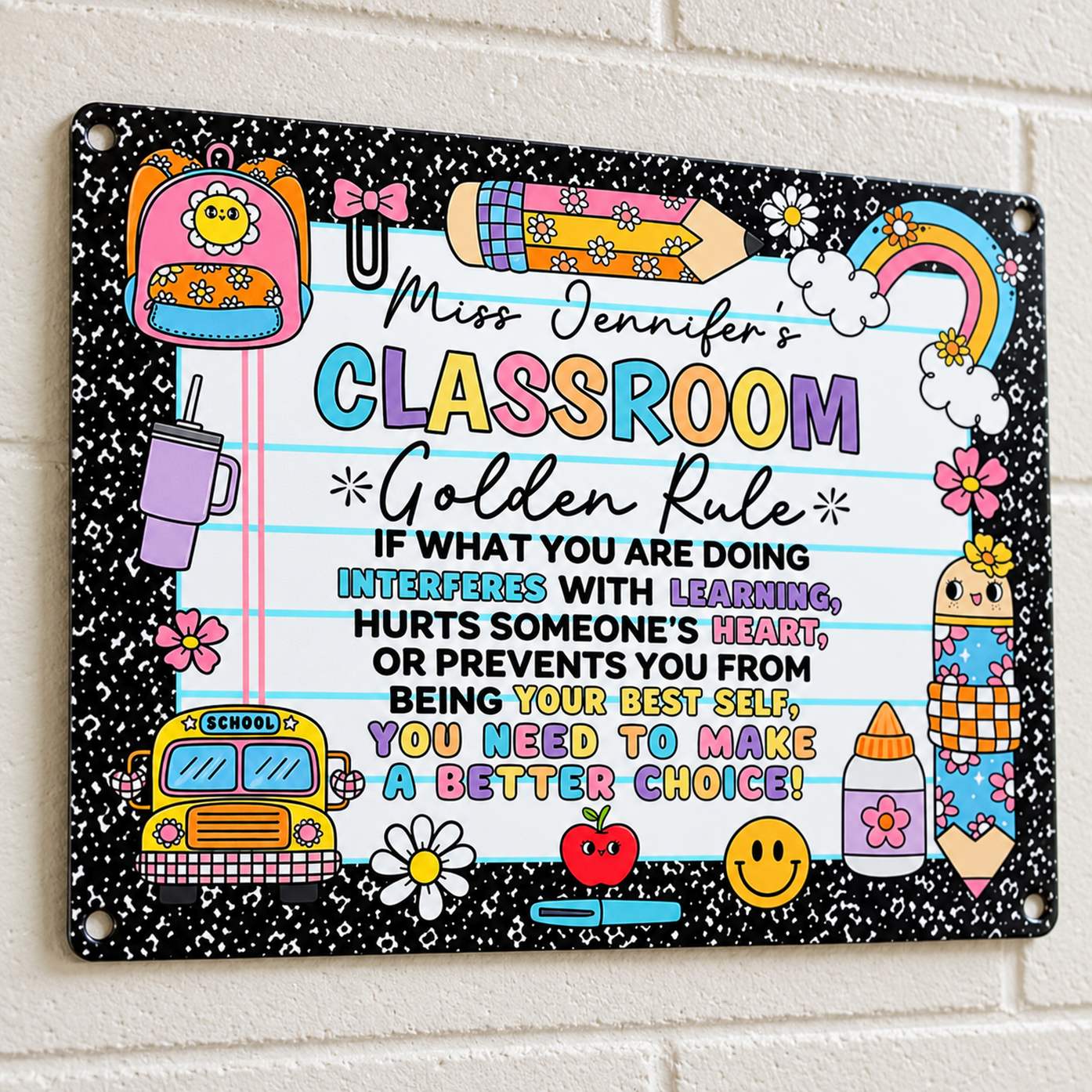 Close-up detail of personalized classroom golden rule metal sign showing print texture and corner hole
