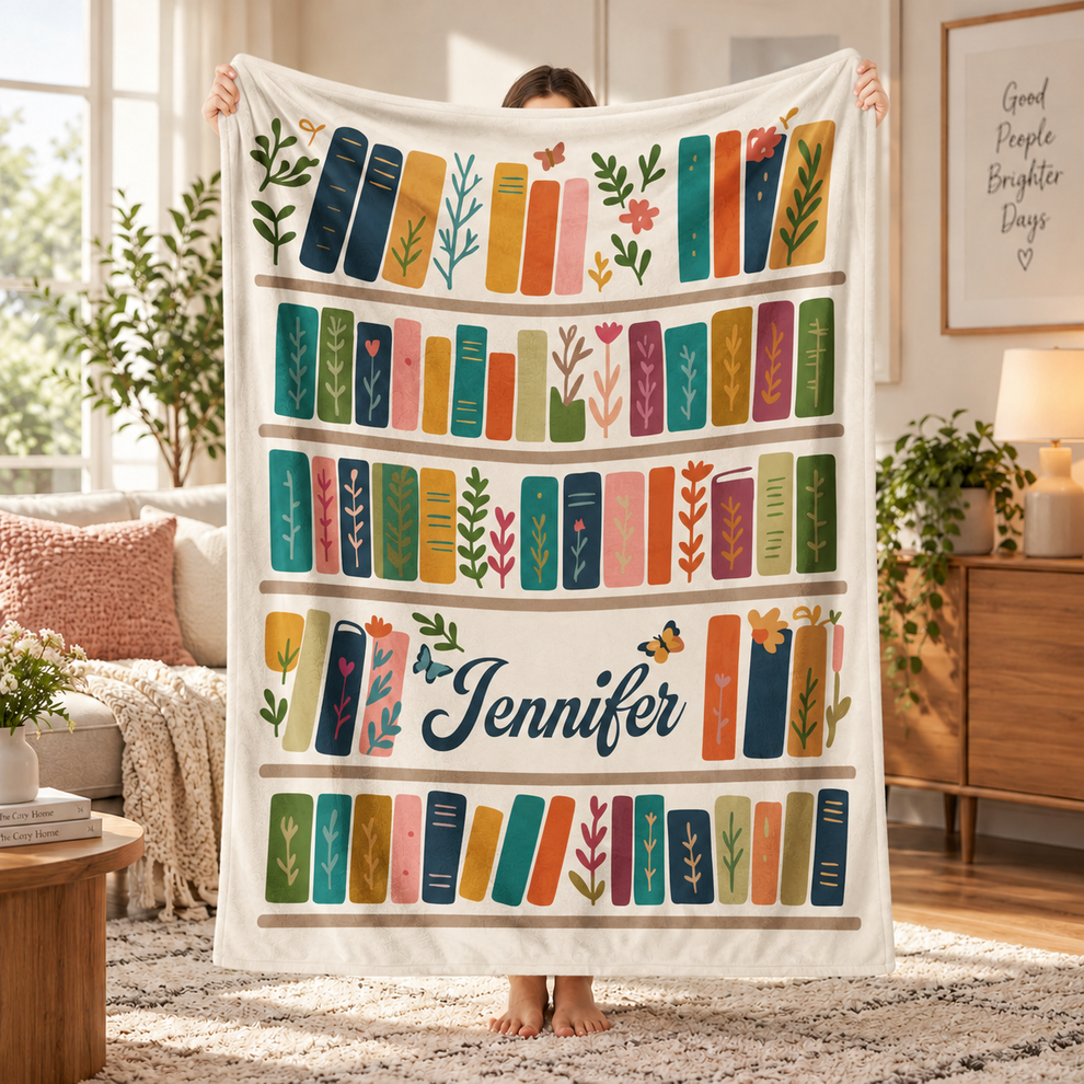 Custom Name Bookshelf - Personalized Custom Blanket - Gift For Book Lovers, Bookworms, Readers