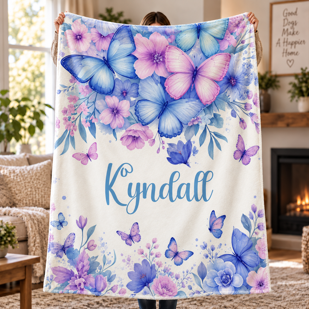 Custom Name Butterfly Nursery - Personalized Custom Blanket - Gift For Women, Girls, Daughter, Granddaughter