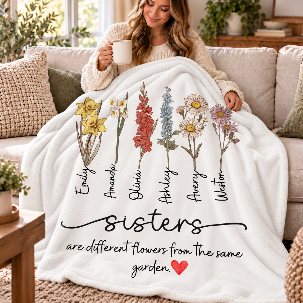 Custom Name Sisters Birth Flower - Personalized Custom Blanket - Gift For Sisters, Siblings