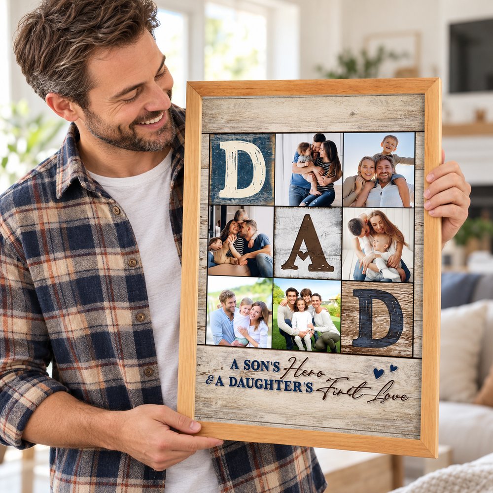 Happy dad holding his custom DAD photo collage framed wall art gift
