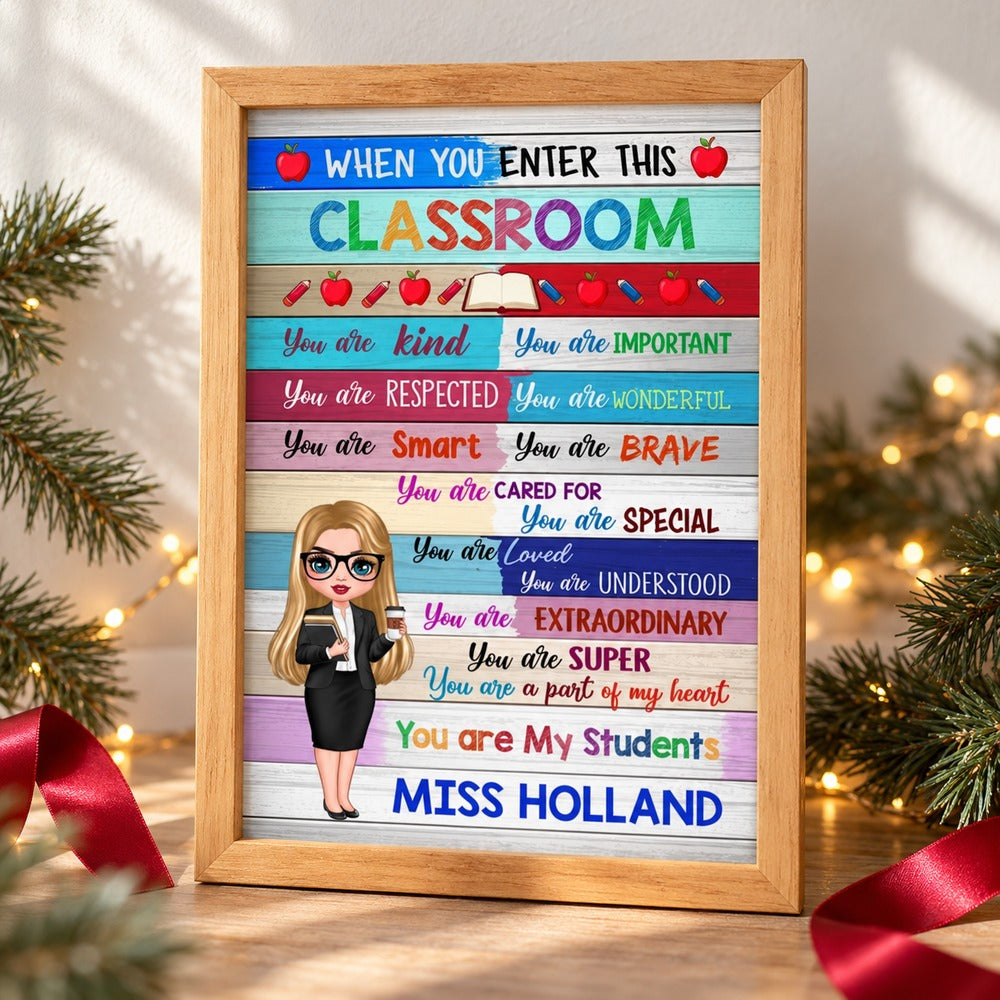 Custom teacher classroom welcome poster in a festive holiday gift setting with pine greenery