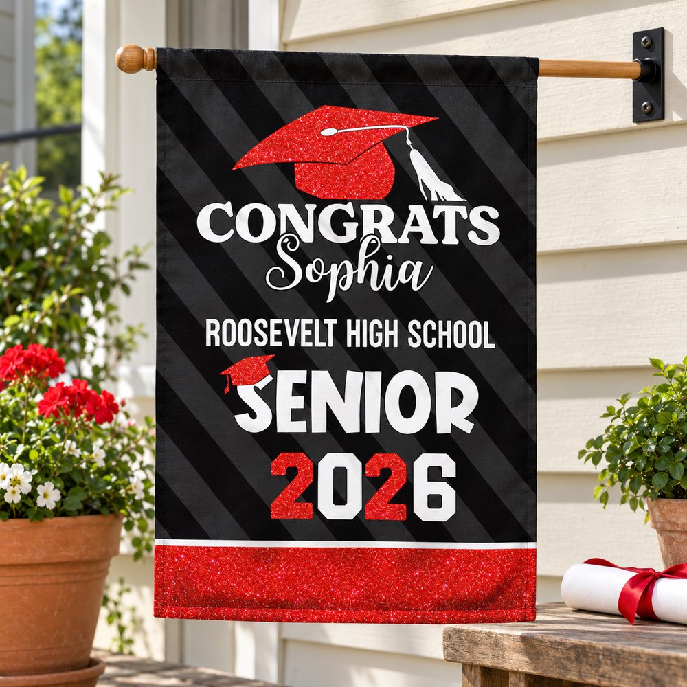 Senior 2026 personalized garden flag hanging next to a potted plant and diploma for size scale