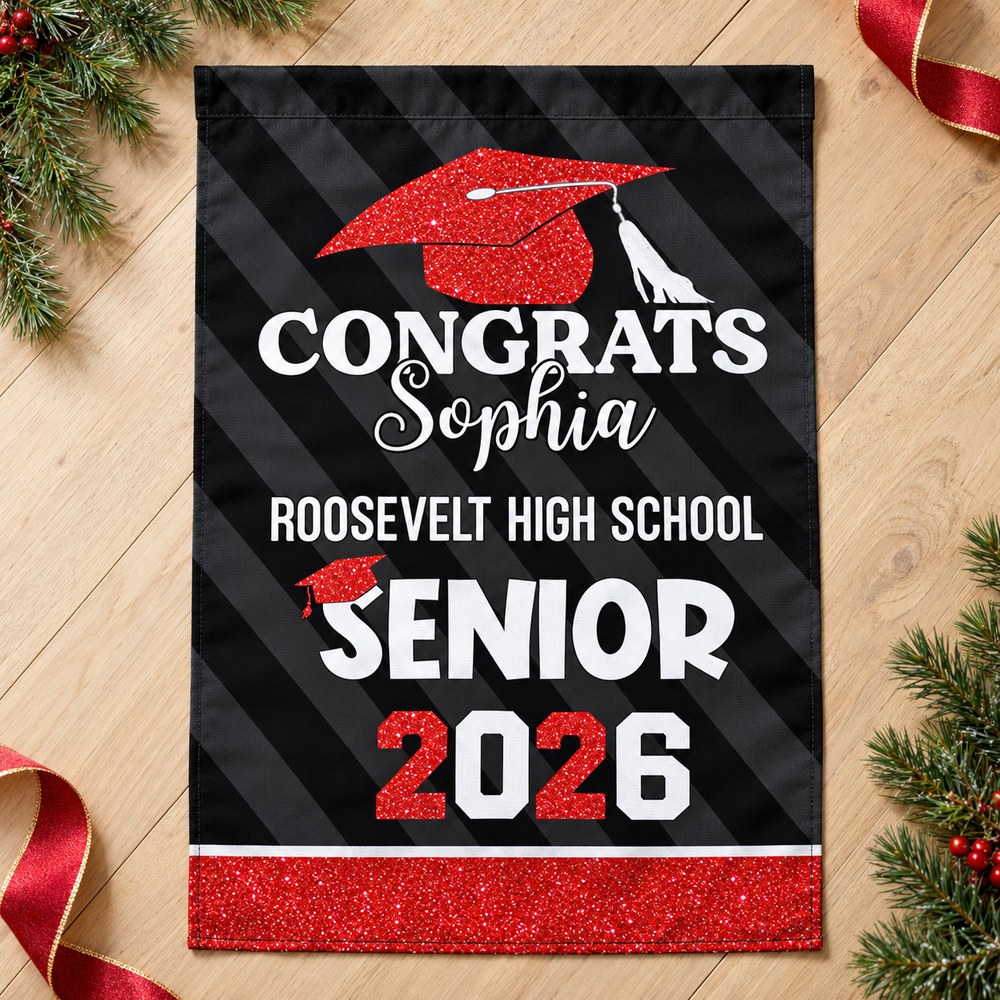 Personalized Senior 2026 graduation garden flag Sophia variant laid flat with festive greenery