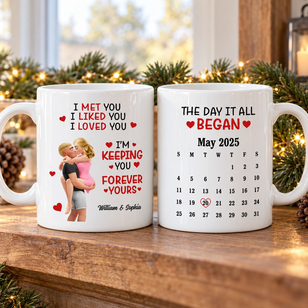 Personalized couple calendar mug set showing front and back design on holiday mantel