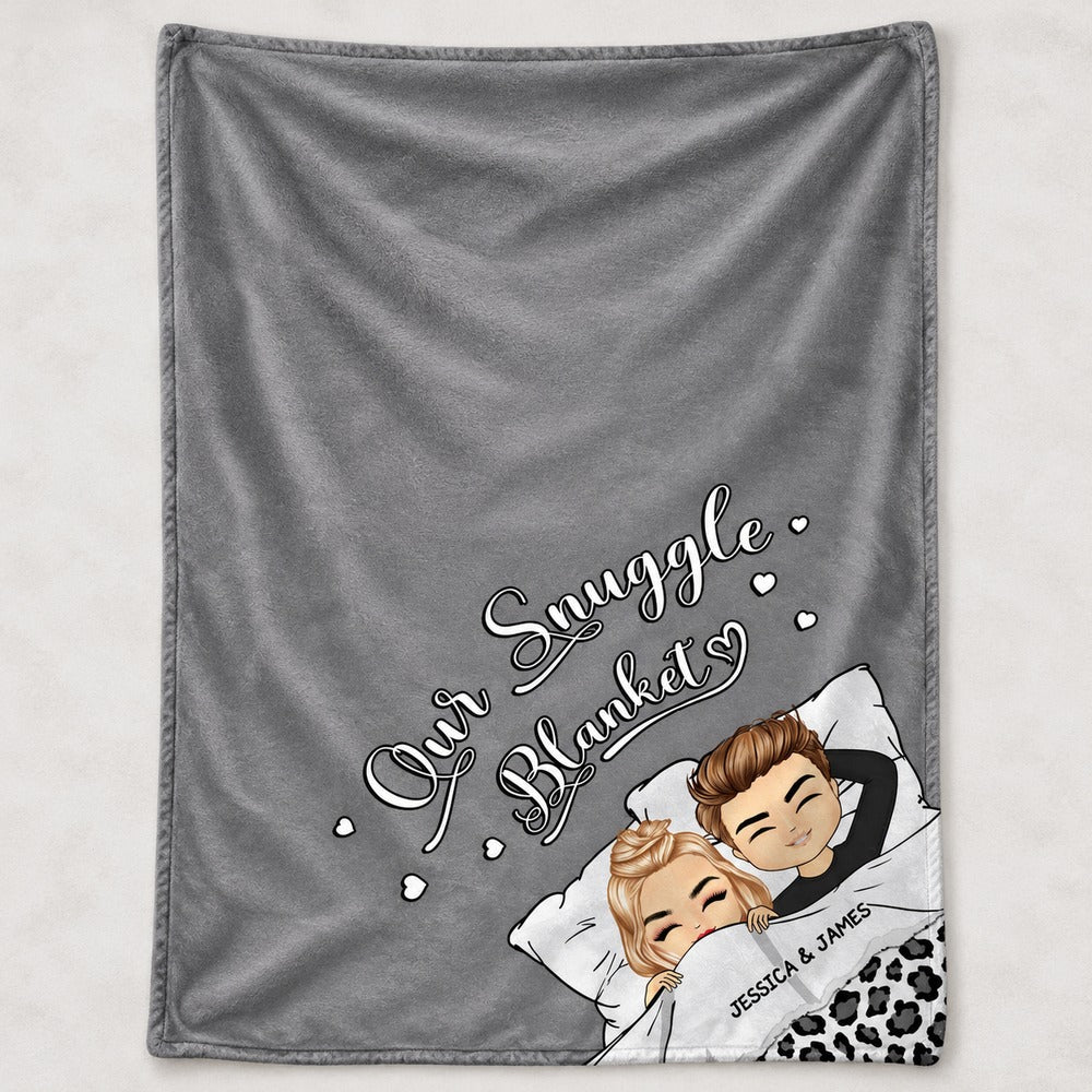 Close-up detail of plush fleece texture and chibi couple print on custom blanket