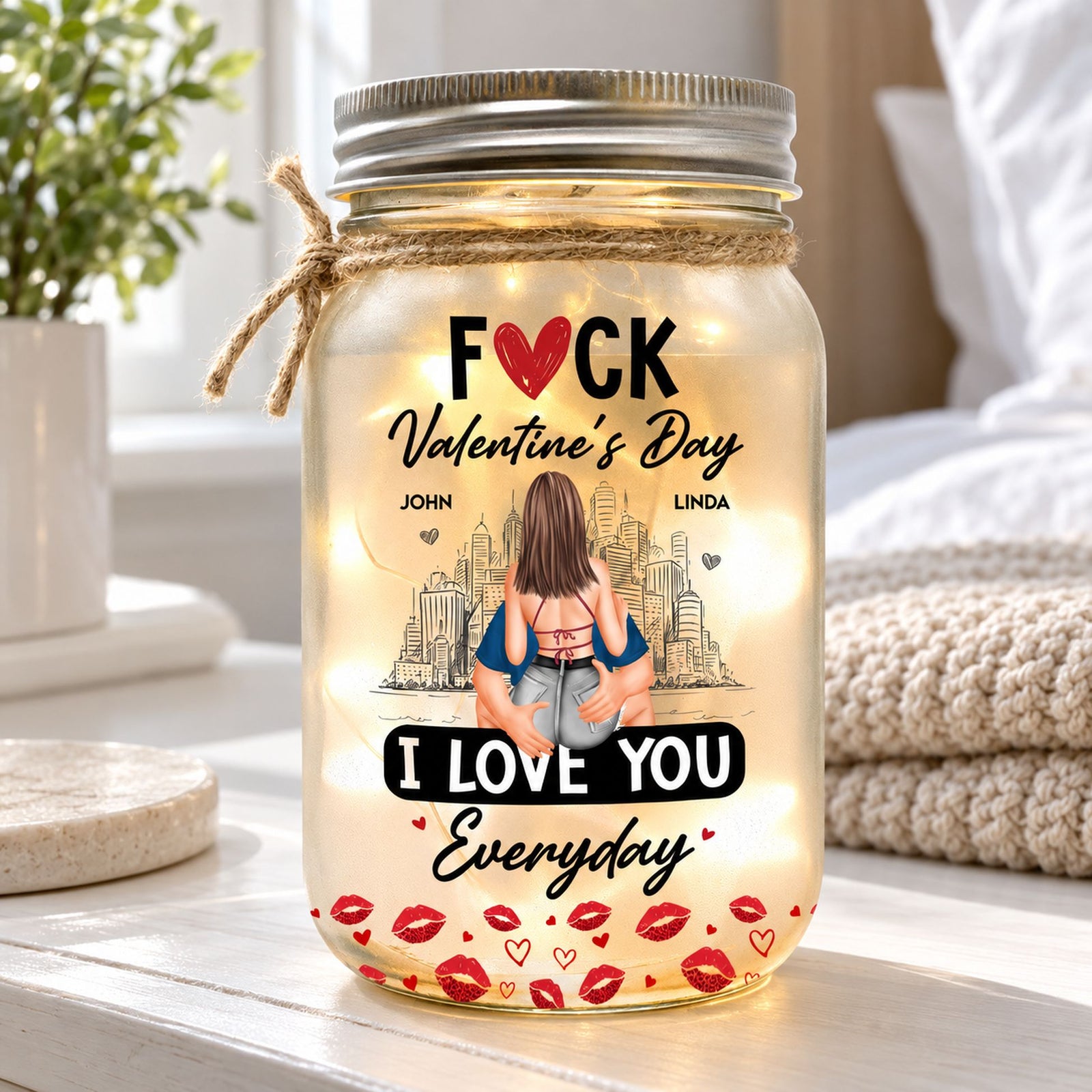 Couple I Love You Everyday mason jar light glowing on a modern bedroom nightstand