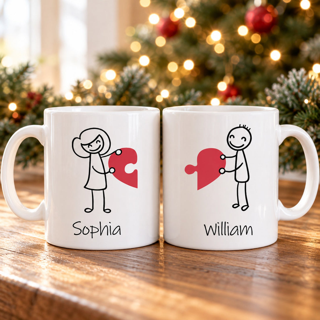 Matching Heart Puzzle Couple Mugs Sophia and William on holiday table near Christmas tree