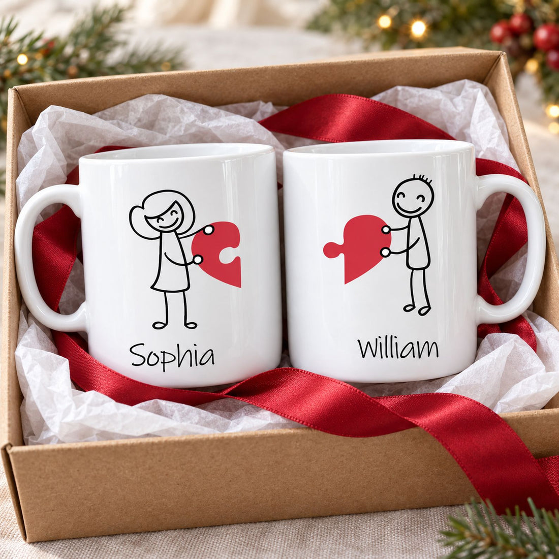 Matching Heart Puzzle Couple Mugs Sophia and William in open holiday gift box with ribbon