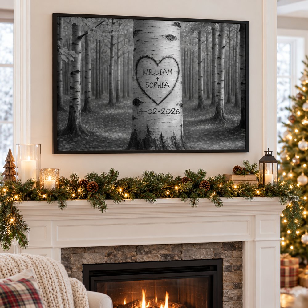 Personalized couple tree carving heart poster hanging above a holiday fireplace mantel