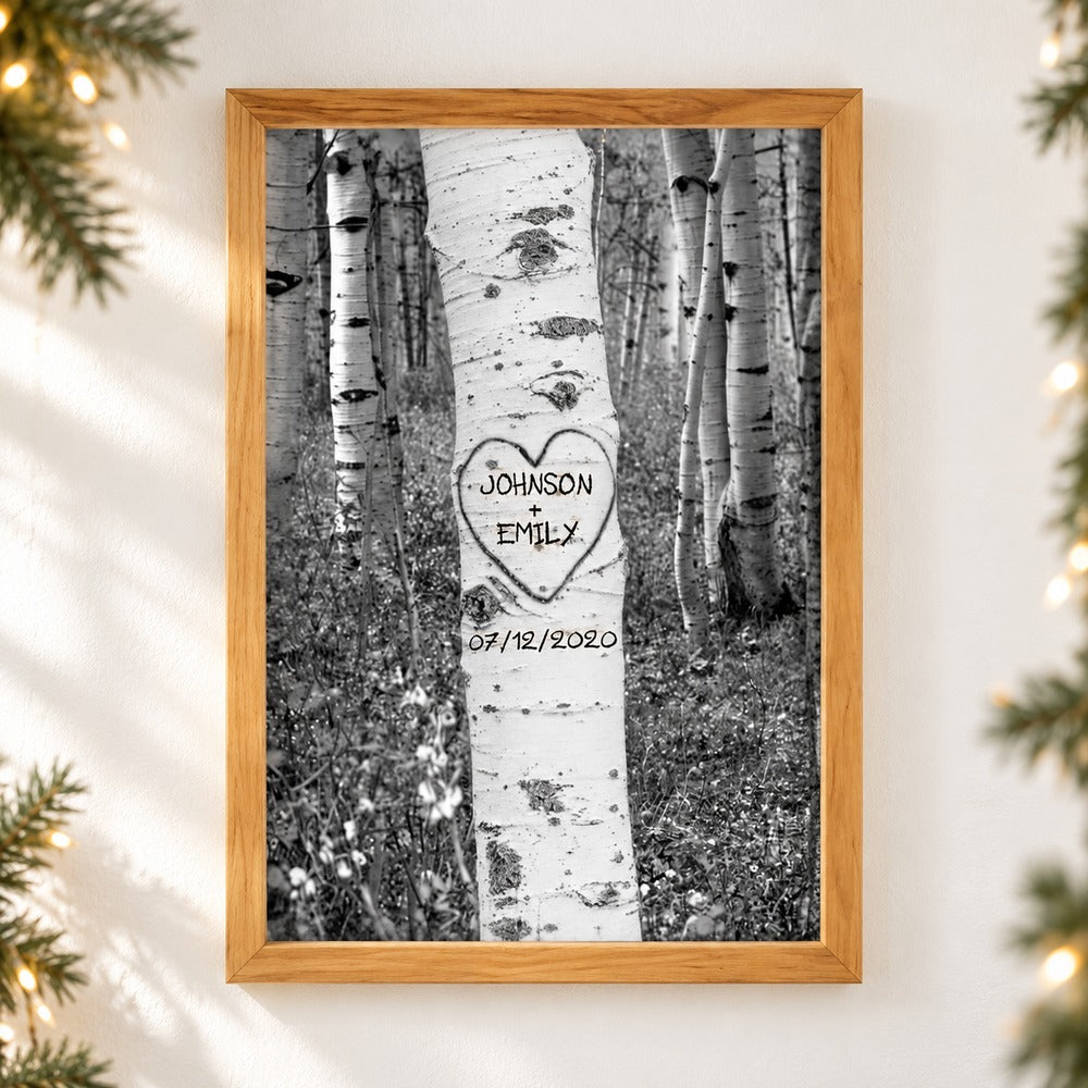 Personalized couple tree carving framed print on wall with holiday garland