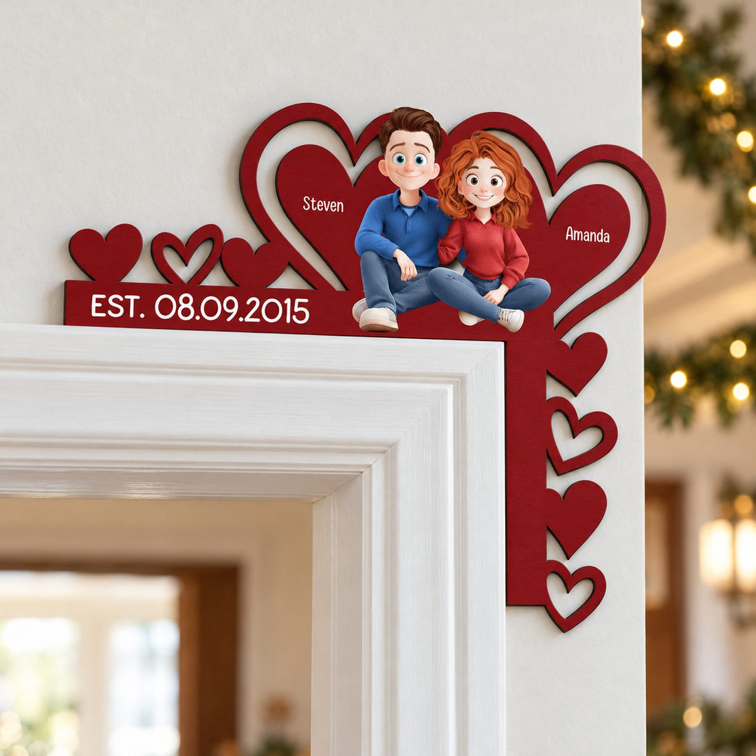 Personalized couple door corner wood sign on a white door frame with soft holiday decor in the background