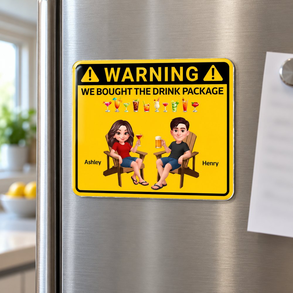 Personalized couple drink package acrylic fridge magnet displayed on a stainless steel refrigerator door