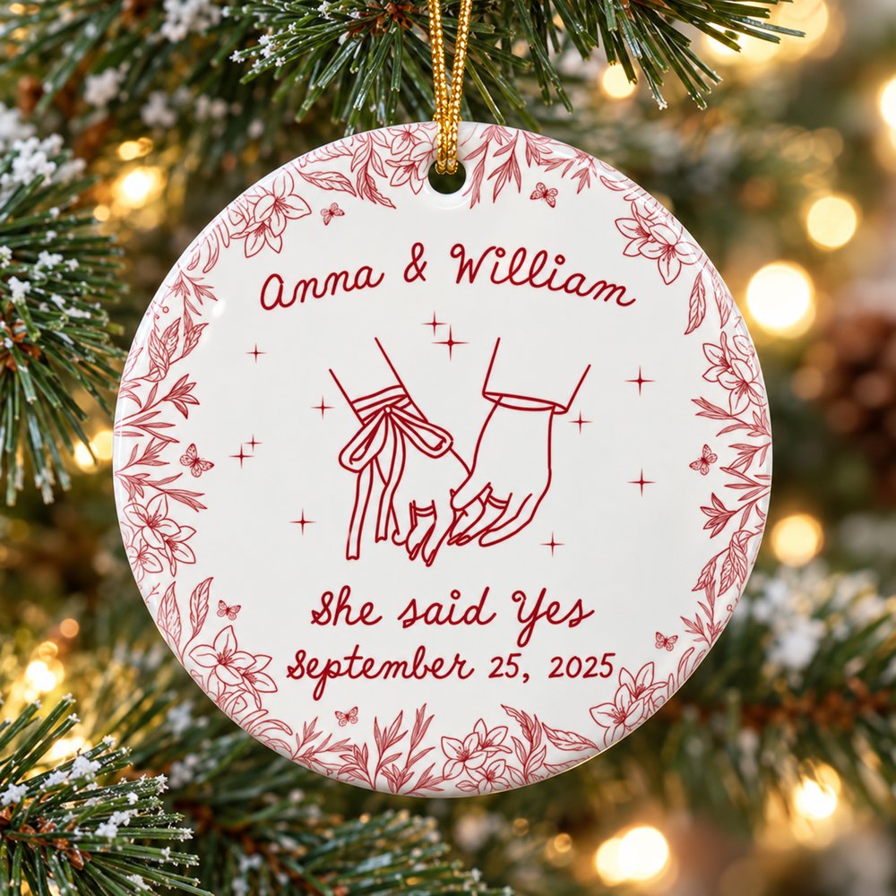 Couples First Christmas Married ceramic ornament hanging on a Christmas tree branch