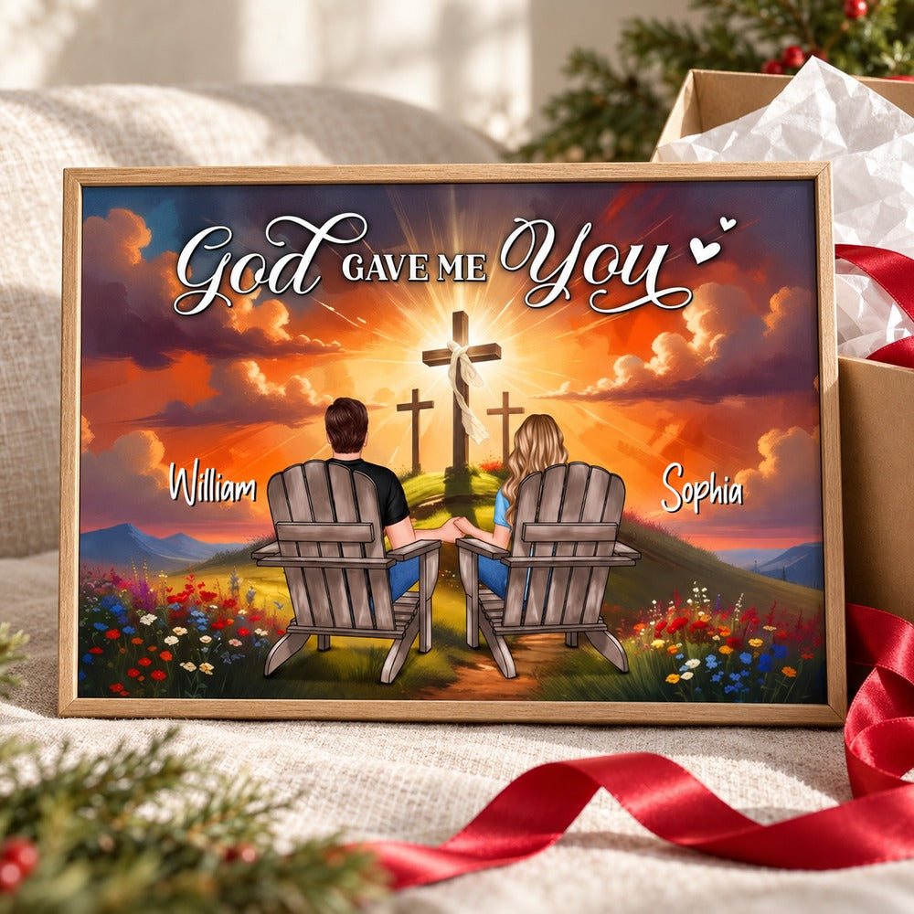 Personalized God Gave Me You couple print presented with a holiday gift box and red satin ribbon