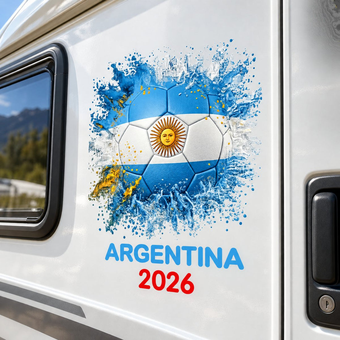 Custom Argentina 2026 soccer ball decal displayed on the side of a white camper van