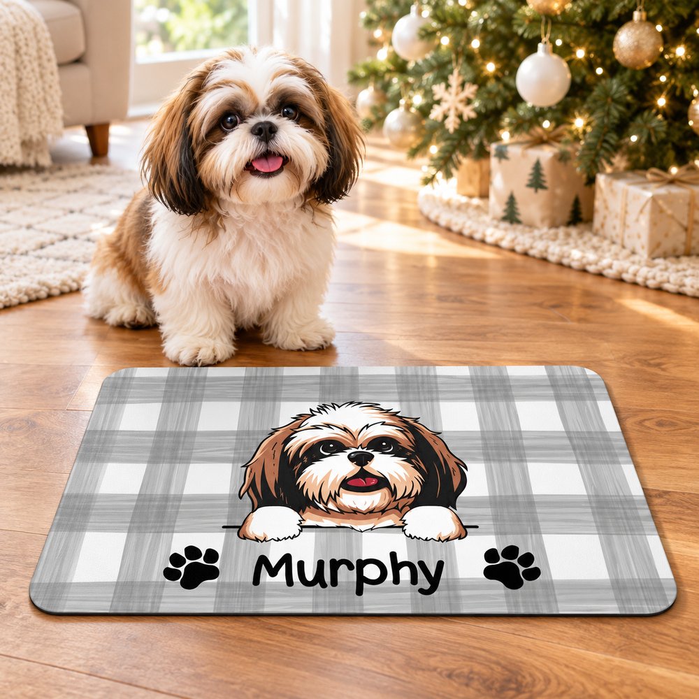 Personalized dog food mat on floor near a cozy Christmas tree in holiday home
