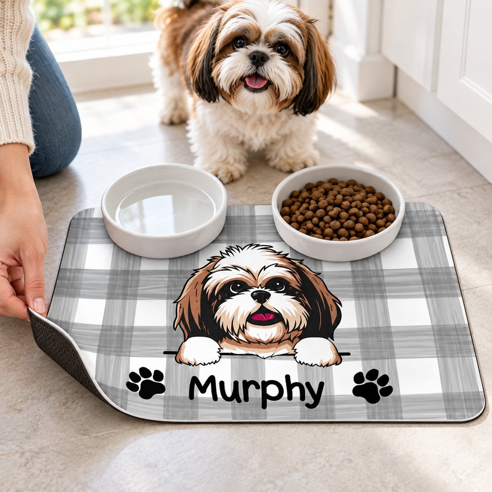 Close-up detail of waterproof textured top and non-slip backing on pet placemat