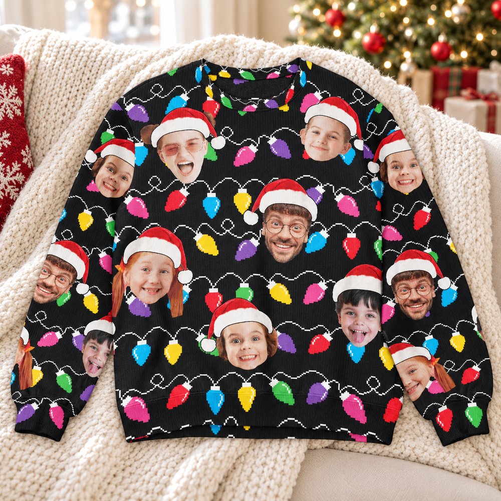Custom face Christmas ugly sweater laid flat on a cozy holiday sofa near a Christmas tree