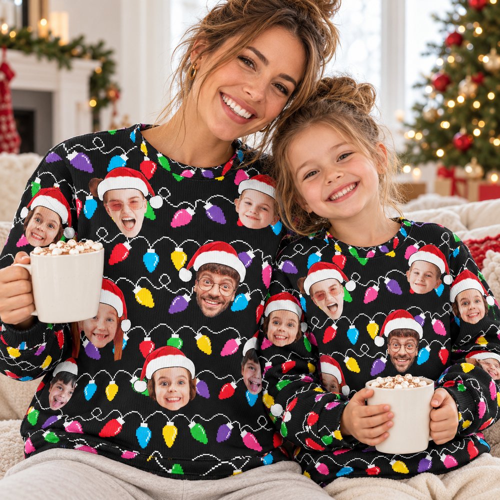 Mother and child wearing custom photo face Christmas ugly sweatshirts on Christmas morning