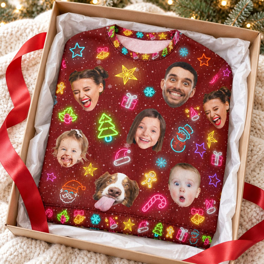 Personalized family photo ugly Christmas sweater folded in open holiday gift box with red ribbon