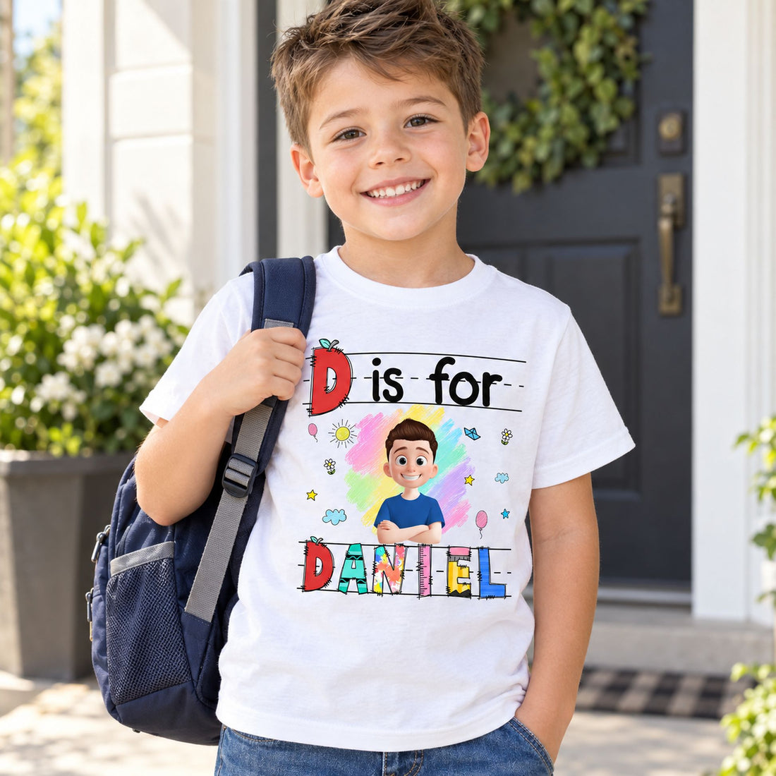 Young boy wearing custom kids name Back to School t-shirt with backpack by front door
