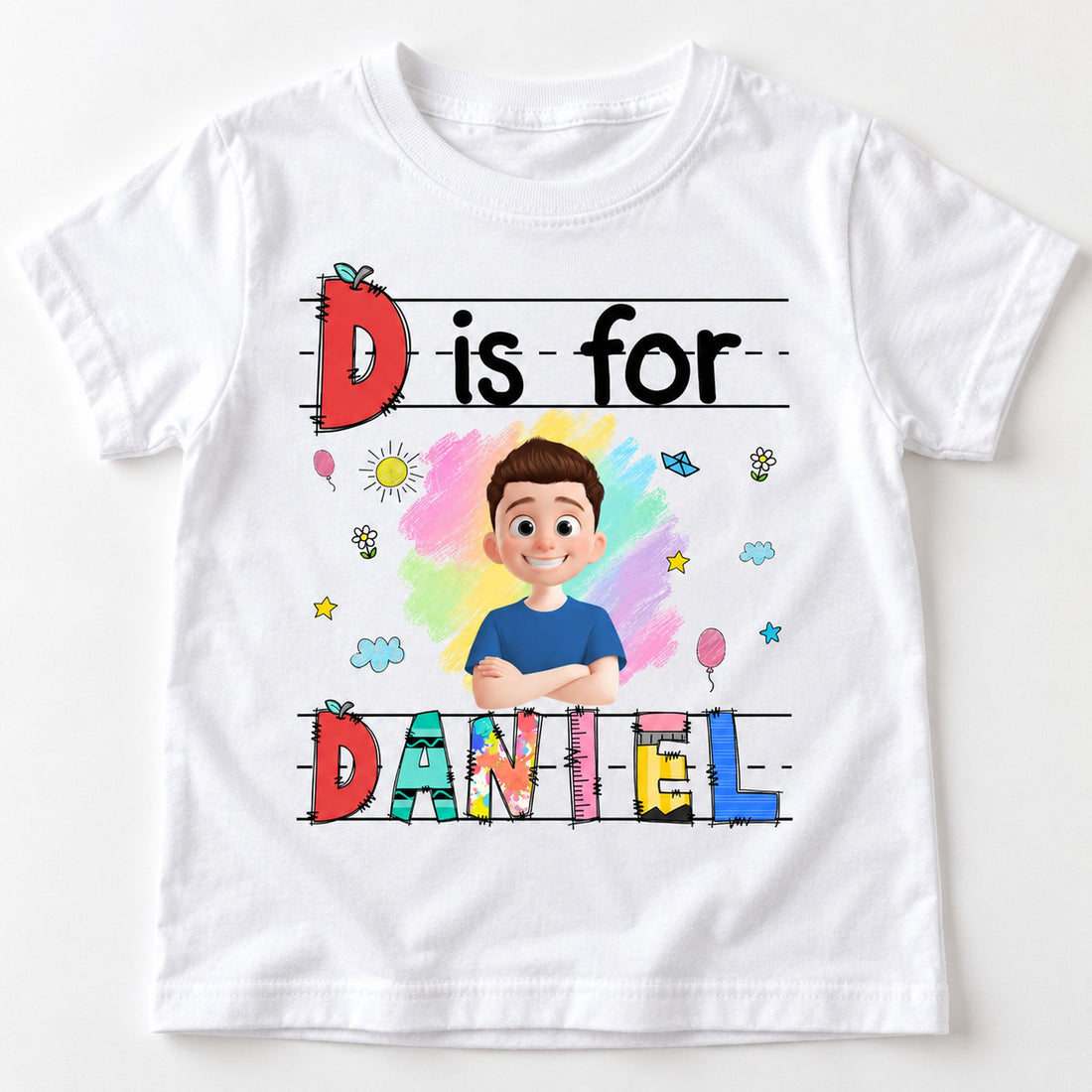 Close-up detail of cotton fabric and colorful custom name print on kids t-shirt