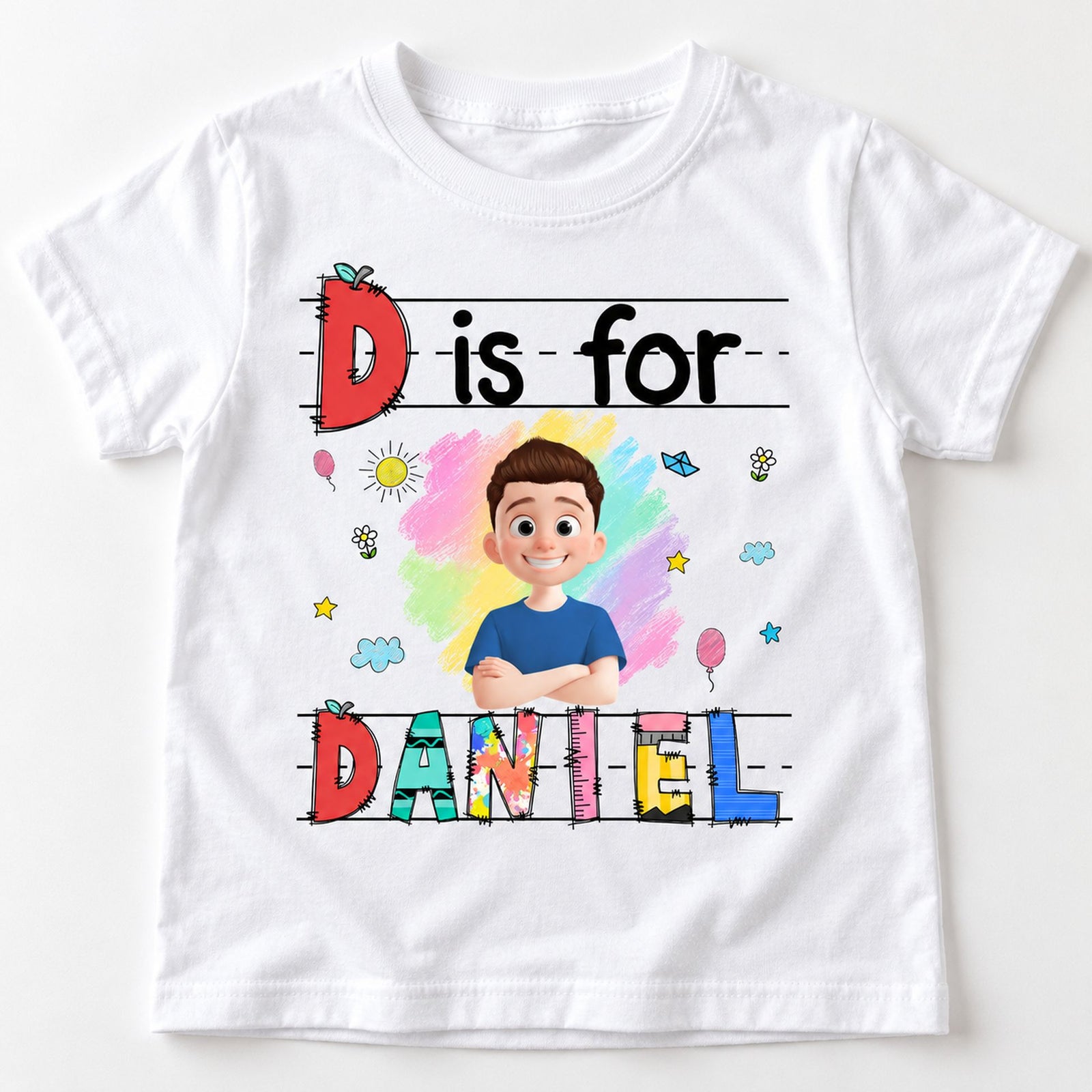 Close-up detail of cotton fabric and colorful custom name print on kids t-shirt