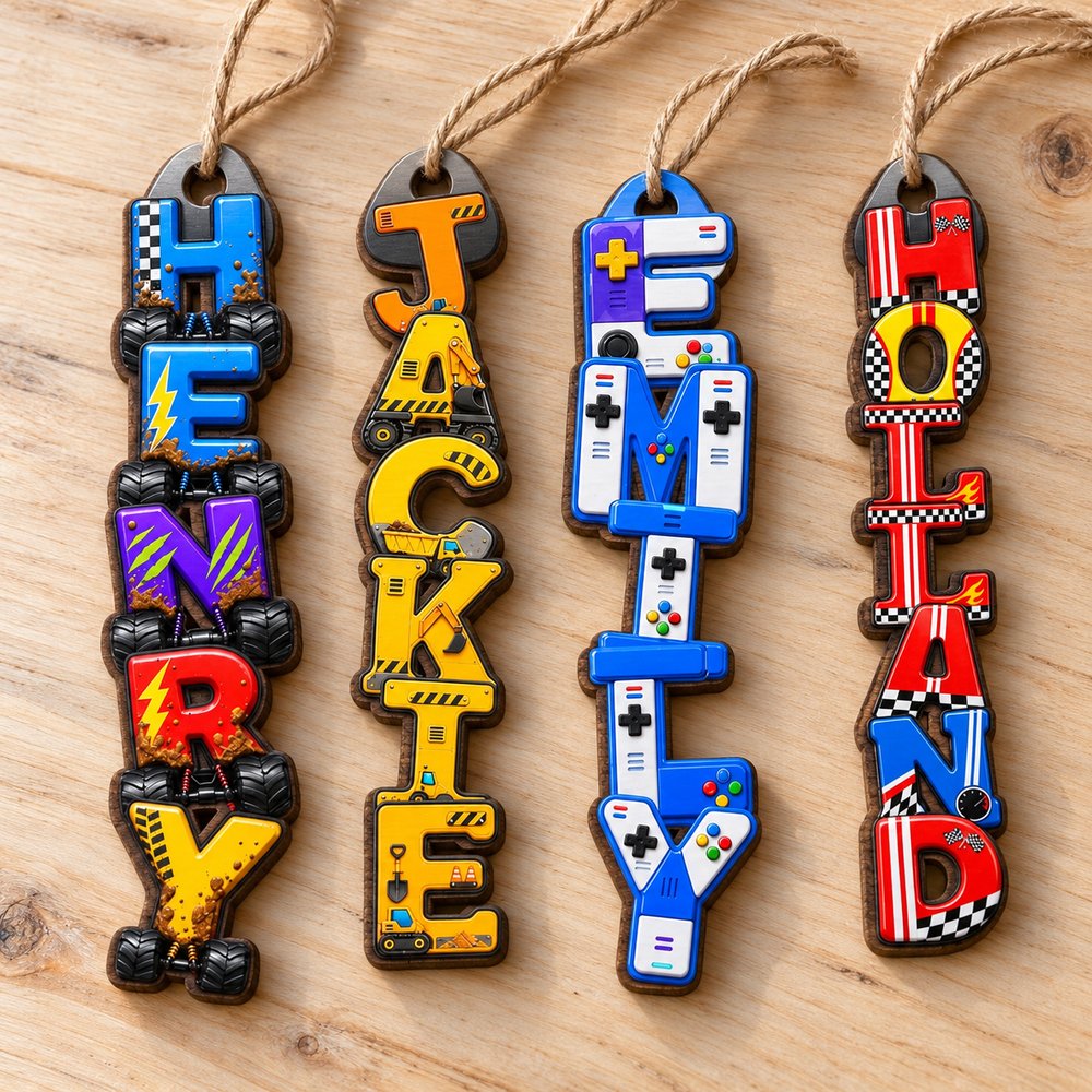 Close-up of personalized vertical letter wood ornaments showing laser-cut wood edges and glossy print details