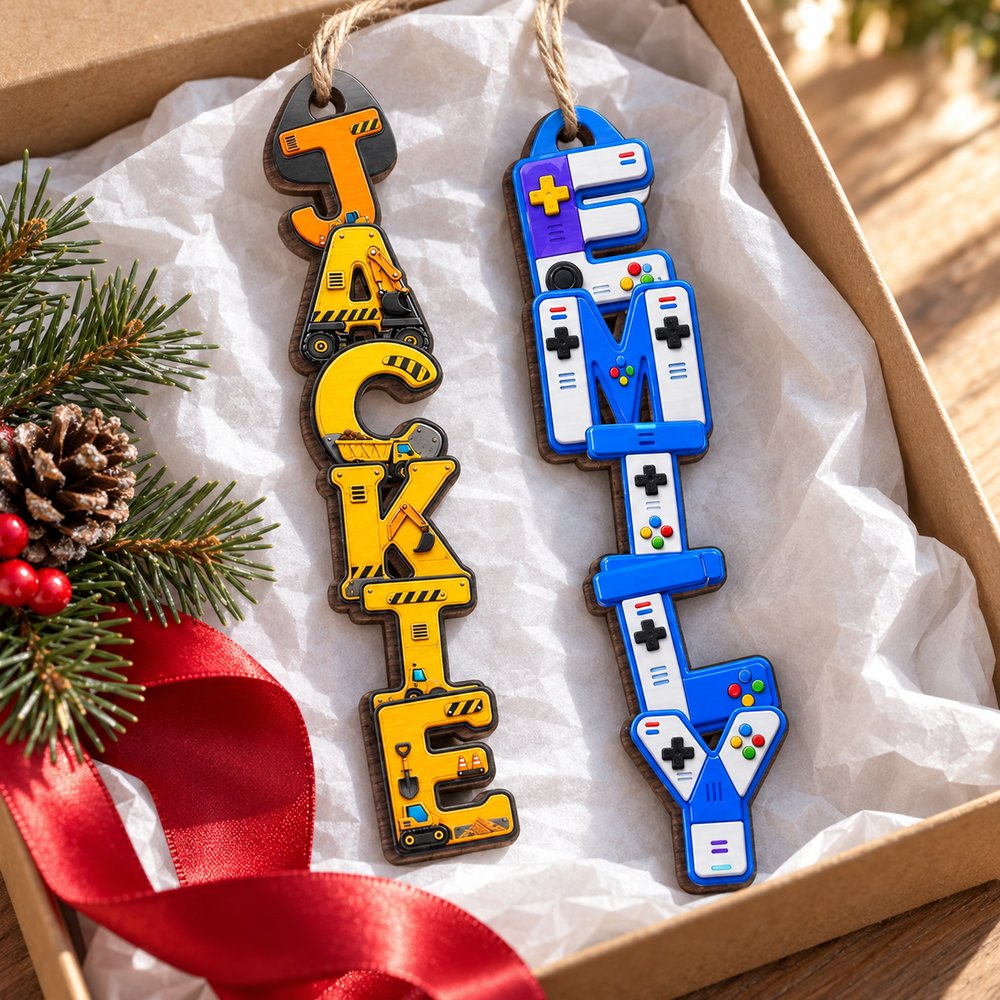 Personalized vertical name wood ornaments in a holiday gift box with white tissue paper and red ribbon